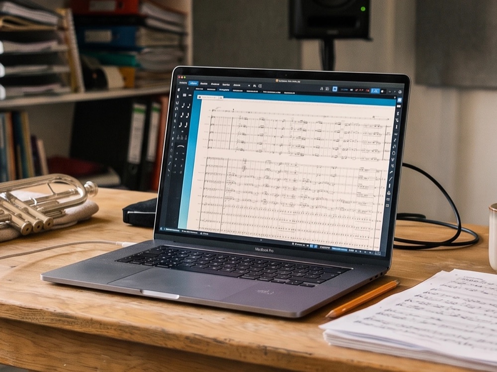 Laptop mit einer fertigen Blasorchester-Partitur im Notationsprogramm, daneben eine Trompete und handgeschriebene Notenblätter